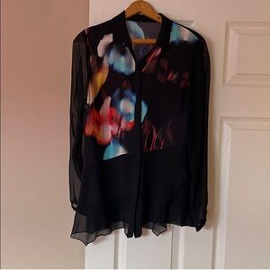 Tahari Black Sheer Blouse with Multicolor Floral Print